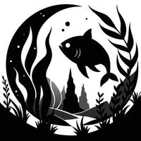 Black and white underwater fish scene vector