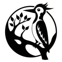 Woodpecker perched on branch inside circular frame vector