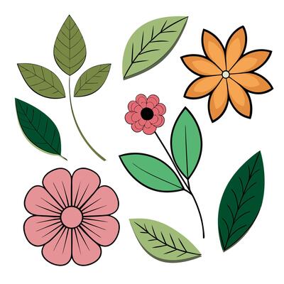 A set of flowers and leaves on a white background element