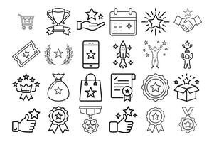 Benefit set of web icons in line style. Exclusive benefits linear icon collection. Containing reward, bonus, loyalty, star, winner, award, prize, incentive, reward and more. Editable stroke vector