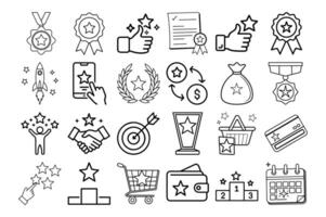 Benefit set of web icons in line style. Exclusive benefits linear icon collection. Containing reward, bonus, loyalty, star, winner, award, prize, incentive, reward. Editable stroke vector