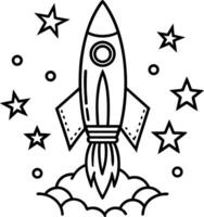 simple rocket launching upward with stars around it vector