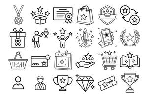 Benefit set of web icons in line style. Exclusive benefits linear icon collection. Including rewards, bonuses, loyalty, stars, winners, awards, prizes, incentives, and more. Editable vector