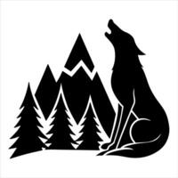 A wolf howling in the woods with mountains in the background vector