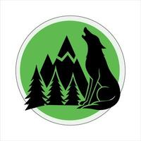 A wolf howling in the forest with mountains in the background vector