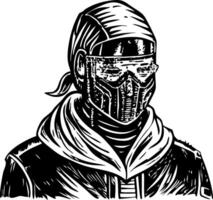 A glyph style icon showing cyberpunk hacker vector