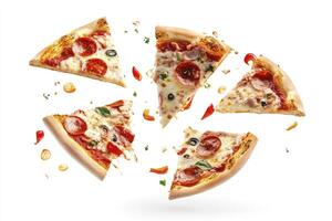 Delicious Pepperoni Pizza Slices Floating on White Background with Chili Toppings photo