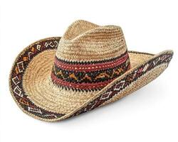 Straw Cowboy Hat with Colorful Pattern on White Background Fashion Accessory photo