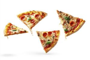 Floating Pizza Slices with Pepperoni, Cheese and Basil on White Backdrop photo