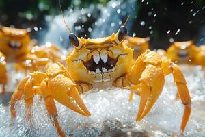 Vivid Close-Up of Crabs in Dynamic Splashing Water Scene for Nature Posters photo