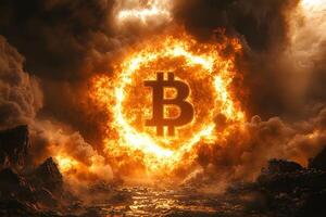 Fiery Bitcoin Symbol Illuminating Volcanic Landscape for Cryptocurrency Poster Design photo