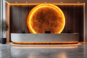 Modern Luxury Hotel Reception Area with Illuminated Circular Feature photo