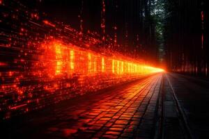 Futuristic Light Trail in Enchanted Forest Path Conceptual Digital Art for Technology Themes photo