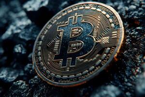 Bitcoin Cryptocurrency Concept on Dark Stone Background - Digital Currency and Blockchain photo