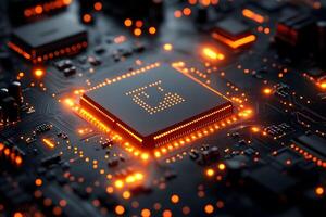 Futuristic Circuit Board with Glowing Orange Microchip for Technology Design photo