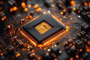 Close-Up of Glowing Microchip on Circuit Board for Technology and Electronics Design photo