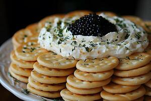 Gourmet Appetizer Platter with Crackers, Cheese Spread, and Black Caviar Garnish photo