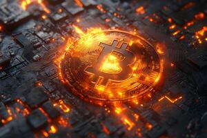 Digital Currency Technology Fiery Bitcoin Symbol on Circuit Board photo