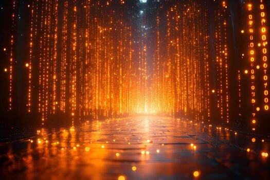 Futuristic Digital Matrix with Glowing Binary Code Illuminating a Pathway photo