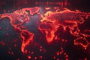 Digital World Map with Glowing Red Pixels - Futuristic Technology Background photo
