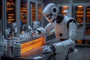 Futuristic Robotics in Laboratory Setting Advanced AI Technology in Scientific Research photo