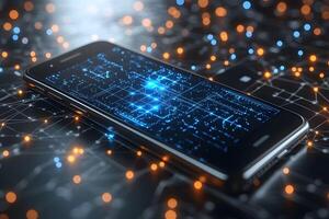 Futuristic Smartphone on Digital Circuit Background for Technology and Innovation photo