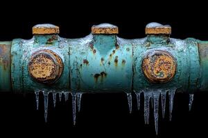 Frozen Industrial Pipe with Rusted Valves and Icicles in Winter Cold Weather Concept photo
