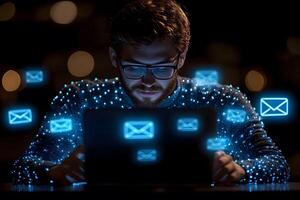 Digital Communication Concept with Man Using Laptop and Floating Email Icons photo
