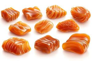 Assorted Caramel Candies on White Background - Confectionery Art for Design Projects photo