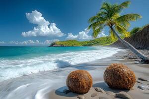 Tropical Beach Escape with Palm Tree and Ocean Waves for Summer Vacation photo