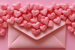 Pink Heart-Shaped Treats Overflowing from Envelope - Valentine's Day Card Concept photo