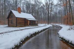 Winter Tranquility Snow-Covered Cabin by a Stream in Serene Forest Setting photo