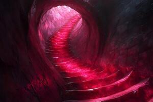 Enchanted Red Spiral Staircase in Mysterious Tunnel for Fantasy Design and Concepts photo