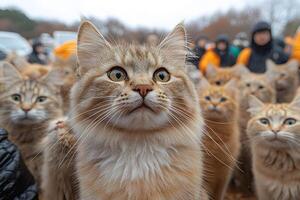 Curious Cats in a Crowd Fascinated Felines Observing the World photo