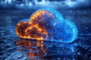 Futuristic Cloud Computing Concept with Glowing Lights in Rainy Atmosphere photo