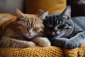 Cozy Companionship Two Cats Resting Together on Knitted Blanket photo