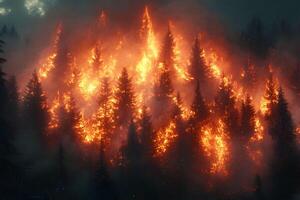 Intense Forest Fire in Dense Woodland - Environmental Impact and Nature Conservation photo