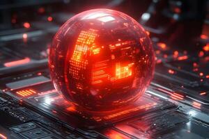 Futuristic Technology Concept with Glowing Red Digital Sphere in High-Tech Environment photo