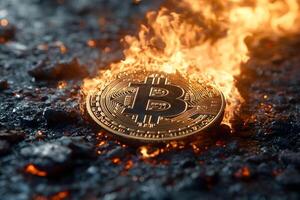 Burning Bitcoin Concept Cryptocurrency Stability Risk and Volatility in Fiery Environment photo