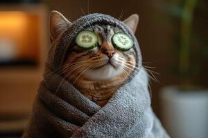 Spa Day for Cats Relaxed Feline with Cucumber Slices in Cozy Towel Wrap photo