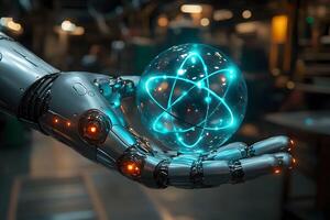 Futuristic Robot Hand Holding Glowing Atomic Structure in Sci-Fi Setting for Technology Concept photo