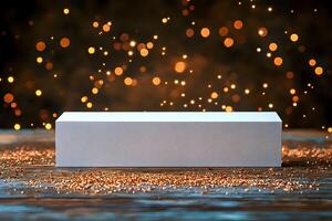 Elegant Display White Box Surrounded by Sparkling Abstract Golden Bokeh for Luxurious Product Presentation photo