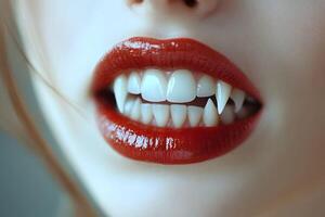Close-Up of Vampire Fangs and Red Lips - Halloween Costume Concept for Posters and Designs photo
