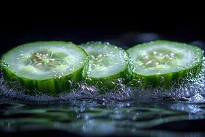 Fresh Cucumber Slices in Water with Bubbles - Perfect for Spa, Wellness, and Health-Themed Designs photo