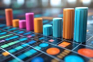 Colorful 3D Bar Graph on Digital Data Interface for Business Analysis and Visualization photo