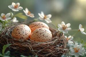 Springtime Harmony Speckled Eggs in a Nest Surrounded by Blossoms for Easter Decor photo