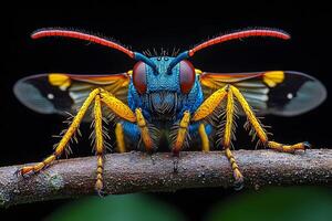 Vivid Macro Shot of Colorful Wasp on Branch - Nature and Entomology Photography photo