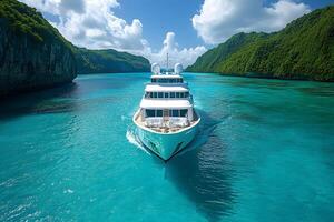 Luxury Yacht on Turquoise Waters Amidst Lush Cliffs for Travel and Adventure Themes photo