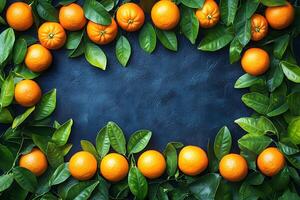Fresh Citrus Border with Oranges and Green Leaves on Dark Background for Culinary Design photo