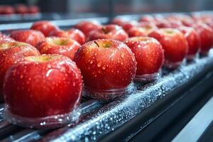 Fresh Red Apples on Production Line with Water Droplets in Food Processing Facility photo